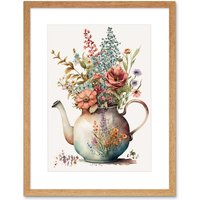 Artery8 Wall Art Print Flower Bouquet in a Floral Design Ceramic Teapot Artwork Framed 9X7 Inch in Beige | Size: W7" x H9"