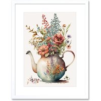 Artery8 Wall Art Print Flower Bouquet in a Floral Design Ceramic Teapot Artwork Framed 9X7 Inch in White | Size: W7" x H9"