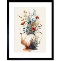 Artery8 Wall Art Print Wildflower Bouquet Teapot Vase with Floral Design Artwork Framed 9X7 Inch in Black | Size: W7" x H9"