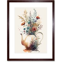 Artery8 Wall Art Print Wildflower Bouquet Teapot Vase with Floral Design Artwork Framed 9X7 Inch in Brown | Size: W7" x H9"