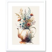 Artery8 Wall Art Print Wildflower Bouquet Teapot Vase with Floral Design Artwork Framed 9X7 Inch in White | Size: W7" x H9"