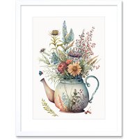 Artery8 Wall Art Print Wildflower Floral Bouquet in China Pattern Teapot Artwork Framed 9X7 Inch in White | Size: W7" x H9"