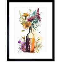 Artery8 Wall Art Print Spring Wildflower Bouquet in a Glass Wine Bottle Artwork Framed 9X7 Inch in Black | Size: W7" x H9"