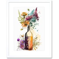 Artery8 Wall Art Print Spring Wildflower Bouquet in a Glass Wine Bottle Artwork Framed 9X7 Inch in White | Size: W7" x H9"