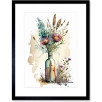 Artery8 Wall Art Print Spring Flower Bouquet In Glass Wine Bottle Vase Artwork Framed 9X7 Inch in Black | Size: W7" x H9"