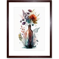 Artery8 Wall Art Print Wine Bottle with Spring Wildflower Floral Bouquet Artwork Framed 9X7 Inch in Brown | Size: W7" x H9"