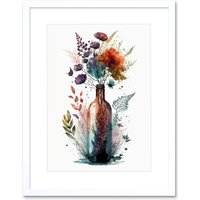 Artery8 Wall Art Print Wine Bottle with Spring Wildflower Floral Bouquet Artwork Framed 9X7 Inch in White | Size: W7" x H9"
