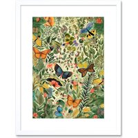 Artery8 Wall Art Print Butterflies Flying in Spring Field Modern Folk Artwork Framed 9X7 Inch in White | Size: W7" x H9"