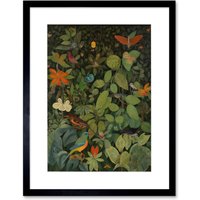 Artery8 Wall Art Print Audubon Style Birds & Insects in Jungle Artwork Framed 9X7 Inch in Black | Size: W7" x H9"