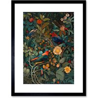 Artery8 Wall Art Print Parrots on Exotic Blooming Trees Modern Folk Artwork Framed 9X7 Inch in Black | Size: W7" x H9"