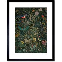 Artery8 Wall Art Print Butterflies & Birds on Flowering Shrub Folk Artwork Framed 9X7 Inch in Black | Size: W7" x H9"