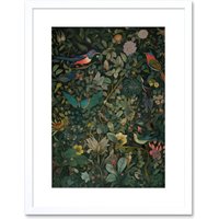 Artery8 Wall Art Print Butterflies & Birds on Flowering Shrub Folk Artwork Framed 9X7 Inch in White | Size: W7" x H9"