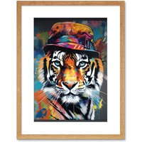 Artery8 Wall Art Print Tiger Wearing a Bucket Hat Vibrant Multicoloured Artwork Framed 9X7 Inch in Beige | Size: W7" x H9"