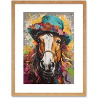 Artery8 Wall Art Print Horse Wearing a Flower Summer Hat Multicoloured Artwork Framed 9X7 Inch in Beige | Size: W7" x H9"