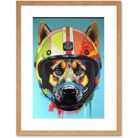 Artery8 Wall Art Print German Shepherd Wearing Motorbike Helmet Pop Artwork Framed 9X7 Inch in Beige | Size: W7" x H9"