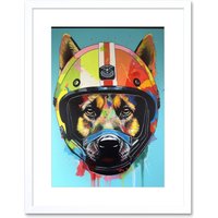 Artery8 Wall Art Print German Shepherd Wearing Motorbike Helmet Pop Artwork Framed 9X7 Inch in White | Size: W7" x H9"