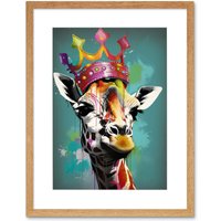 Artery8 Wall Art Print Giraffe Wearing Rainbow Crown King Queen Pop Artwork Framed 9X7 Inch in Beige | Size: W7" x H9"
