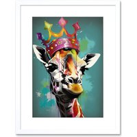Artery8 Wall Art Print Giraffe Wearing Rainbow Crown King Queen Pop Artwork Framed 9X7 Inch in White | Size: W7" x H9"