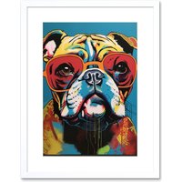 Artery8 Wall Art Print English Bulldog Wearing Sunglasses Modern Pop Artwork Framed 9X7 Inch in White | Size: W7" x H9"