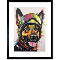 Artery8 Wall Art Print German Shepherd Dog Wearing Ski Helmet & Goggles Artwork Framed 9X7 Inch in Black | Size: W7" x H9"