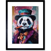 Artery8 Wall Art Print Panda Portrait with Purple Suit Top Hat & Cigar Artwork Framed 9X7 Inch in Black | Size: W7" x H9"