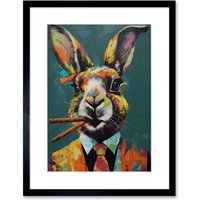 Artery8 Wall Art Print Rabbit with Cheroot Cigars Wearing Suit Modern Artwork Framed 9X7 Inch in Black | Size: W7" x H9"