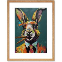 Artery8 Wall Art Print Rabbit with Cheroot Cigars Wearing Suit Modern Artwork Framed 9X7 Inch in Beige | Size: W7" x H9"