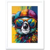 Artery8 Wall Art Print Rainbow Koala Bear with Sunglasses & Hat Modern Artwork Framed 9X7 Inch in White | Size: W7" x H9"