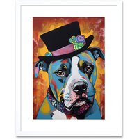 Artery8 Wall Art Print Pit Bull Wearing Flower Top Hat Modern Pop Artwork Framed 9X7 Inch in White | Size: W7" x H9"