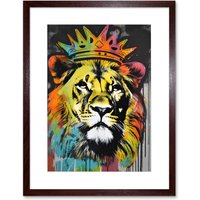 Artery8 Wall Art Print King Lion wearing Crown Modern Stencil Graffiti Artwork Framed 9X7 Inch in Brown | Size: W7" x H9"
