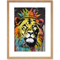 Artery8 Wall Art Print King Lion wearing Crown Modern Stencil Graffiti Artwork Framed 9X7 Inch in Beige | Size: W7" x H9"