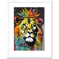 Artery8 Wall Art Print King Lion wearing Crown Modern Stencil Graffiti Artwork Framed 9X7 Inch in White | Size: W7" x H9"