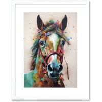 Artery8 Wall Art Print Horse Multicoloured Spray Paint & Oil Painting Artwork Framed 9X7 Inch in White | Size: W7" x H9"