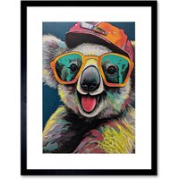 Artery8 Wall Art Print Happy Koala Bear Sunglasses & Hat Modern Pop Artwork Framed 9X7 Inch in Black | Size: W7" x H9"