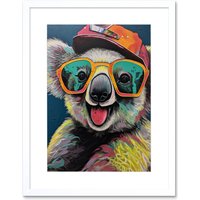 Artery8 Wall Art Print Happy Koala Bear Sunglasses & Hat Modern Pop Artwork Framed 9X7 Inch in White | Size: W7" x H9"