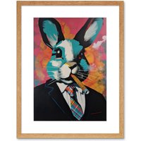 Artery8 Wall Art Print Blue Rabbit with Cigar & Suit Modern Pop Artwork Framed 9X7 Inch in Beige | Size: W7" x H9"