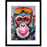 Artery8 Wall Art Print Chimpanzee Monkey With Sunglasses Graffiti Pop Artwork Framed 9X7 Inch in Black | Size: W7" x H9"