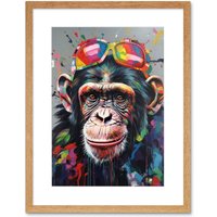 Artery8 Wall Art Print Chimpanzee With Rainbow Sunglasses Modern Pop Artwork Framed 9X7 Inch in Beige | Size: W7" x H9"