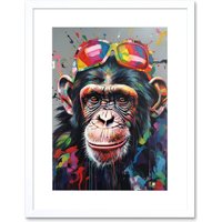 Artery8 Wall Art Print Chimpanzee With Rainbow Sunglasses Modern Pop Artwork Framed 9X7 Inch in White | Size: W7" x H9"
