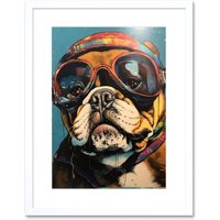 Artery8 Wall Art Print Bulldog with Retro Motorcycle Goggles & Helmet Artwork Framed 9X7 Inch in White | Size: W7" x H9"