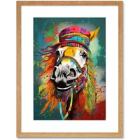 Artery8 Wall Art Print Hippie Horse with Multicoloured Hat & Bridles Artwork Framed 9X7 Inch in Beige | Size: W7" x H9"