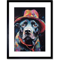 Artery8 Wall Art Print Pit Bull Terrier Dog Red Cowboy Hat Portrait Artwork Framed 9X7 Inch in Black | Size: W7" x H9"