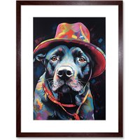 Artery8 Wall Art Print Pit Bull Terrier Dog Red Cowboy Hat Portrait Artwork Framed 9X7 Inch in Brown | Size: W7" x H9"