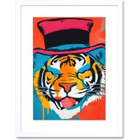 Artery8 Wall Art Print Tiger Head Wearing Pink Top Hat Modern Pop Artwork Framed 9X7 Inch in White | Size: W7" x H9"