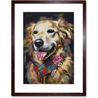 Artery8 Wall Art Print Golden Retriever Dog with Floral Bandana Collar Artwork Framed 9X7 Inch in Brown | Size: W7" x H9"