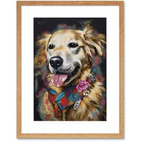 Artery8 Wall Art Print Golden Retriever Dog with Floral Bandana Collar Artwork Framed 9X7 Inch in Beige | Size: W7" x H9"