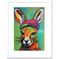 Artery8 Wall Art Print Rabbit in Winter Clothes Colourful Graffiti Style Artwork Framed 9X7 Inch in White | Size: W7" x H9"