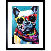 Artery8 Wall Art Print French Bulldog in Sunglasses & Bandana Folk Artwork Framed 9X7 Inch in Black | Size: W7" x H9"