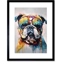 Artery8 Wall Art Print English Bulldog Dog Wearing Vintage Sunglasses Artwork Framed 9X7 Inch in Black | Size: W7" x H9"