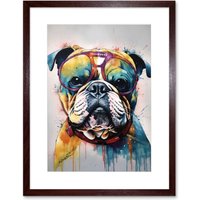 Artery8 Wall Art Print English Bulldog Dog Wearing Vintage Sunglasses Artwork Framed 9X7 Inch in Brown | Size: W7" x H9"